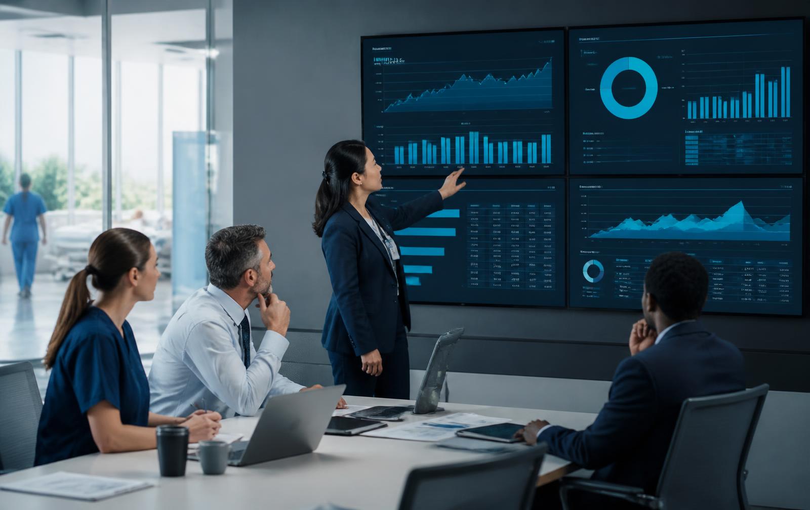 Healthcare finance and revenue cycle leaders reviewing performance dashboards